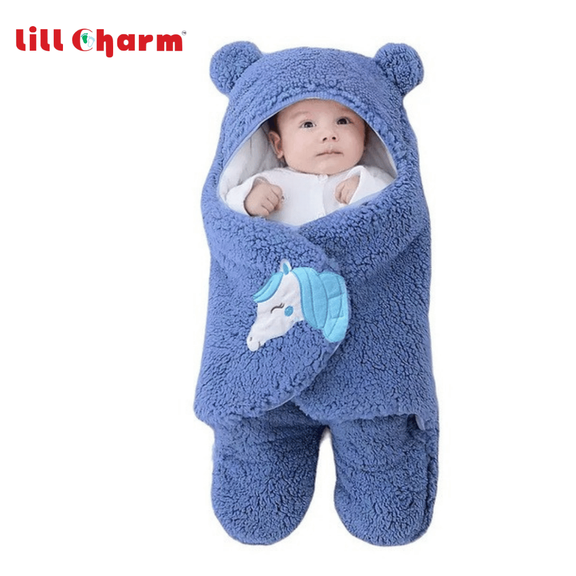 Lill Charm Ultra-Soft Plush Hooded Baby Swaddle Blanket Wrap – Blue Unicorn